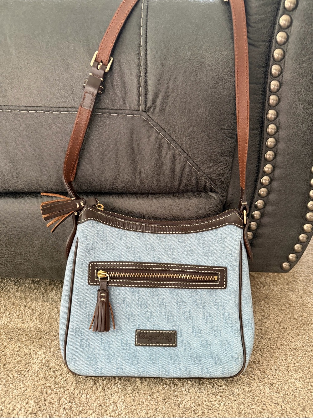 Dooney & Bourke Blue Denim Monogram Crossbody Bag Brown Leather Tassels